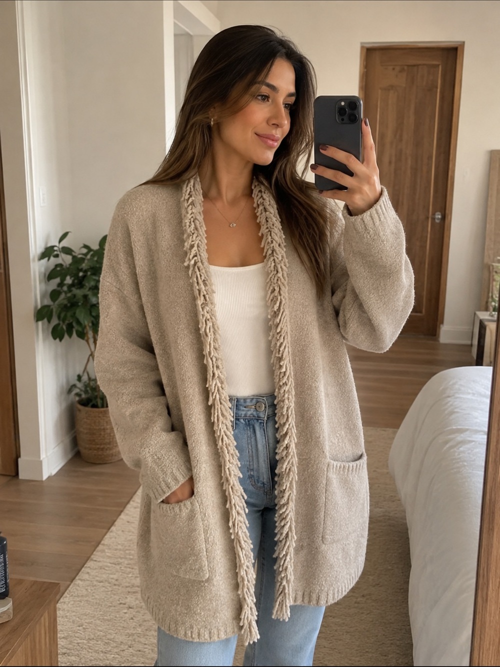 J. Jill Fringe-Trim Open Cardigan Sweater - Beige